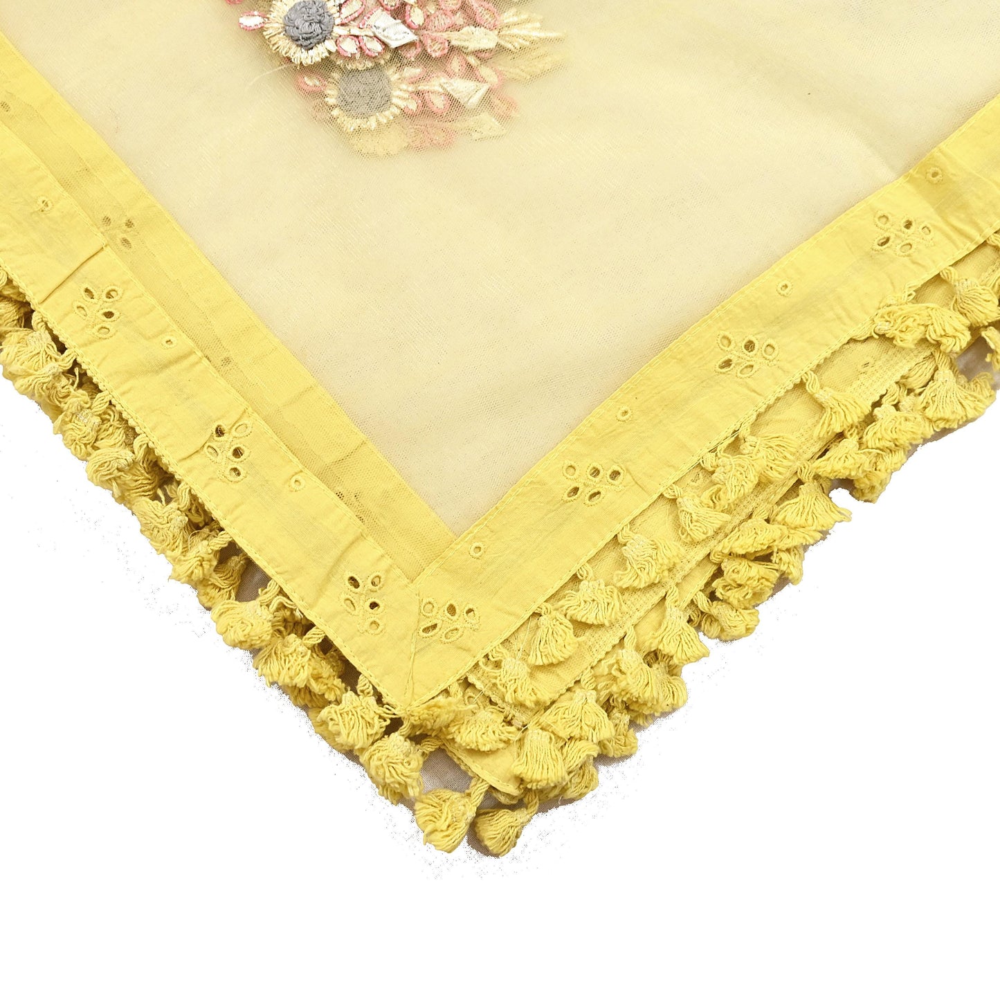 Indian Vintage Yellow Dupatta Long Stole Net Mess Hand Embroidered Scarves Veil Hijab Golden Gota