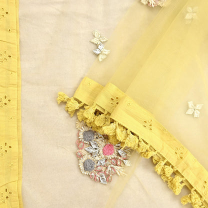 Indian Vintage Yellow Dupatta Long Stole Net Mess Hand Embroidered Scarves Veil Hijab Golden Gota
