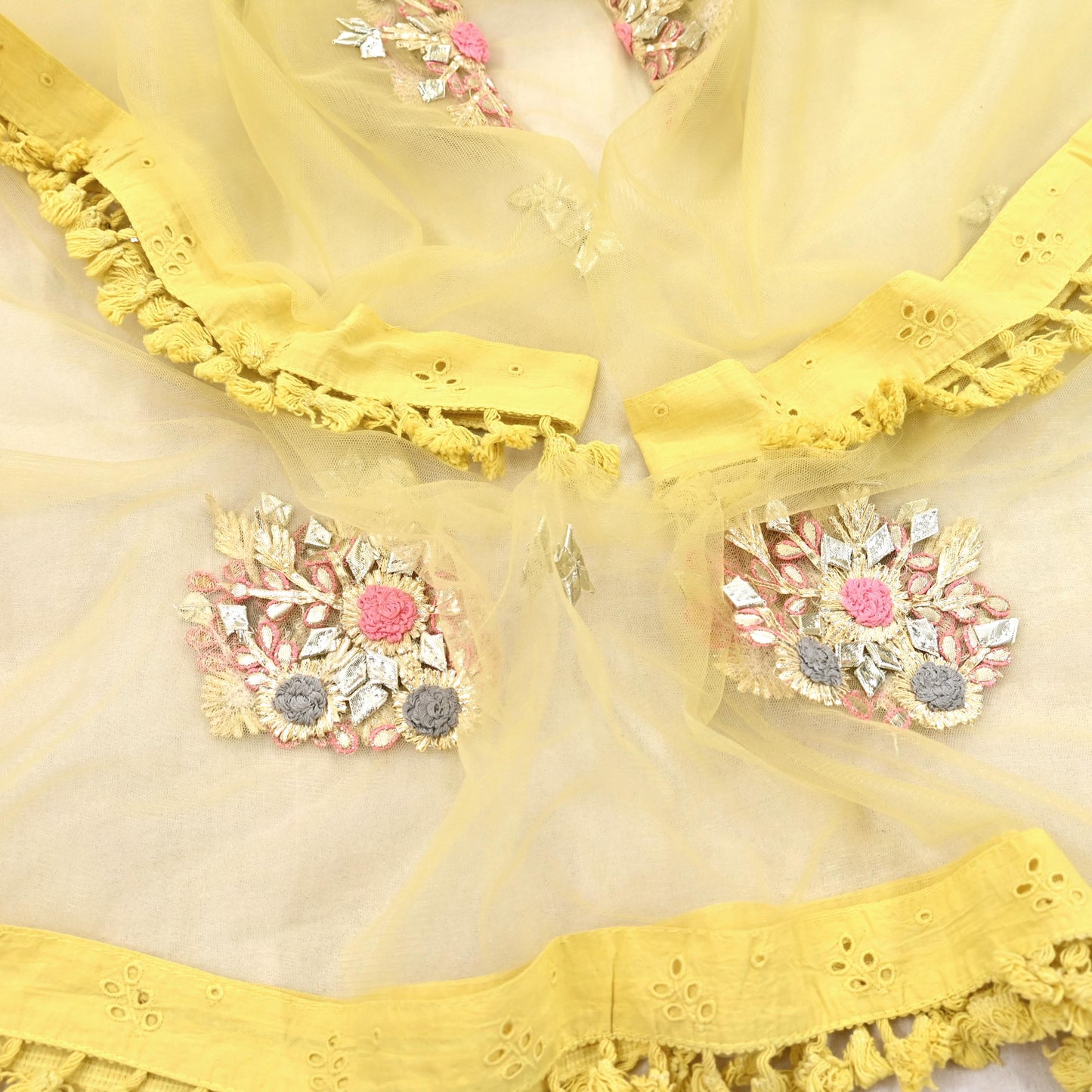 Indian Vintage Yellow Dupatta Long Stole Net Mess Hand Embroidered Scarves Veil Hijab Golden Gota