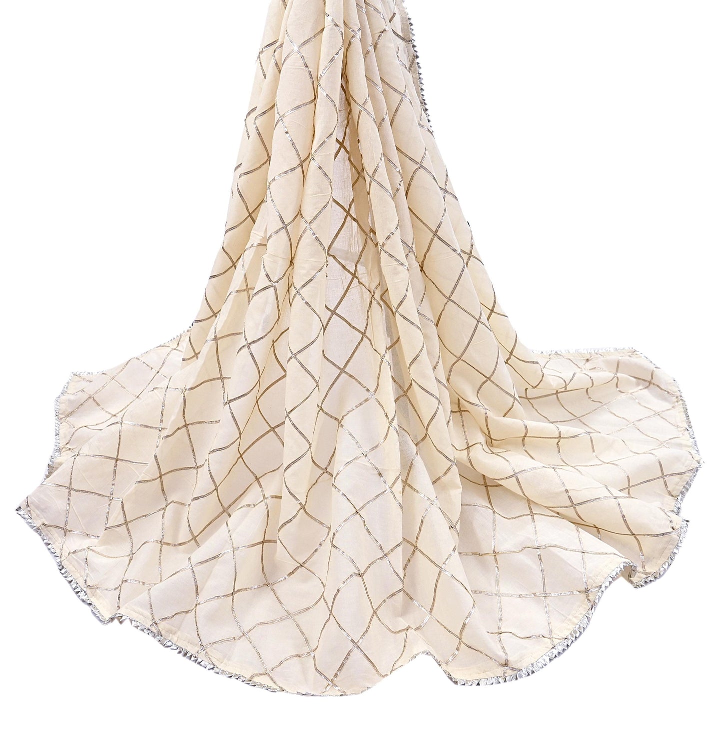 Indian Vintage Dupatta Ivory Pure Cotton Long Stole Gota Patti Work Scarves Veil Soft