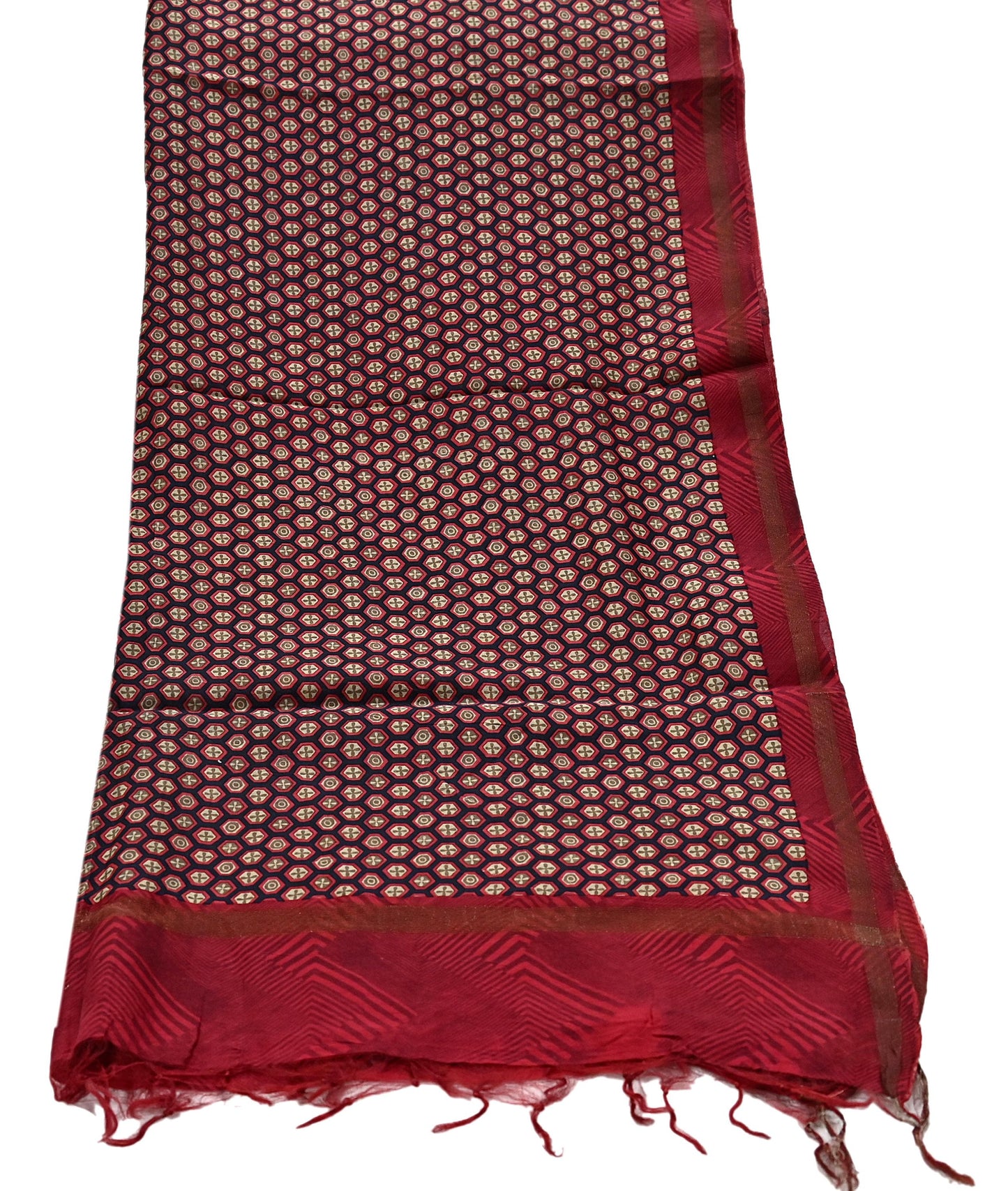 Indian Vintage Dupatta Red & Black Long Stole Block Print Pure Chanderi Silk Scarves Veil Zari Wrap Hijab