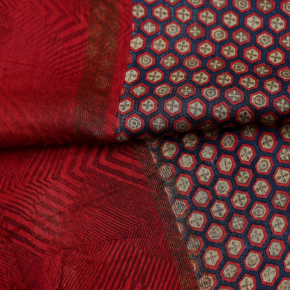 Indian Vintage Dupatta Red & Black Long Stole Block Print Pure Chanderi Silk Scarves Veil Zari Wrap Hijab