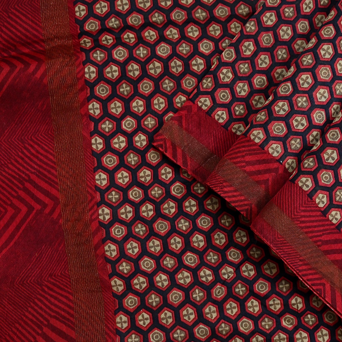 Indian Vintage Dupatta Red & Black Long Stole Block Print Pure Chanderi Silk Scarves Veil Zari Wrap Hijab