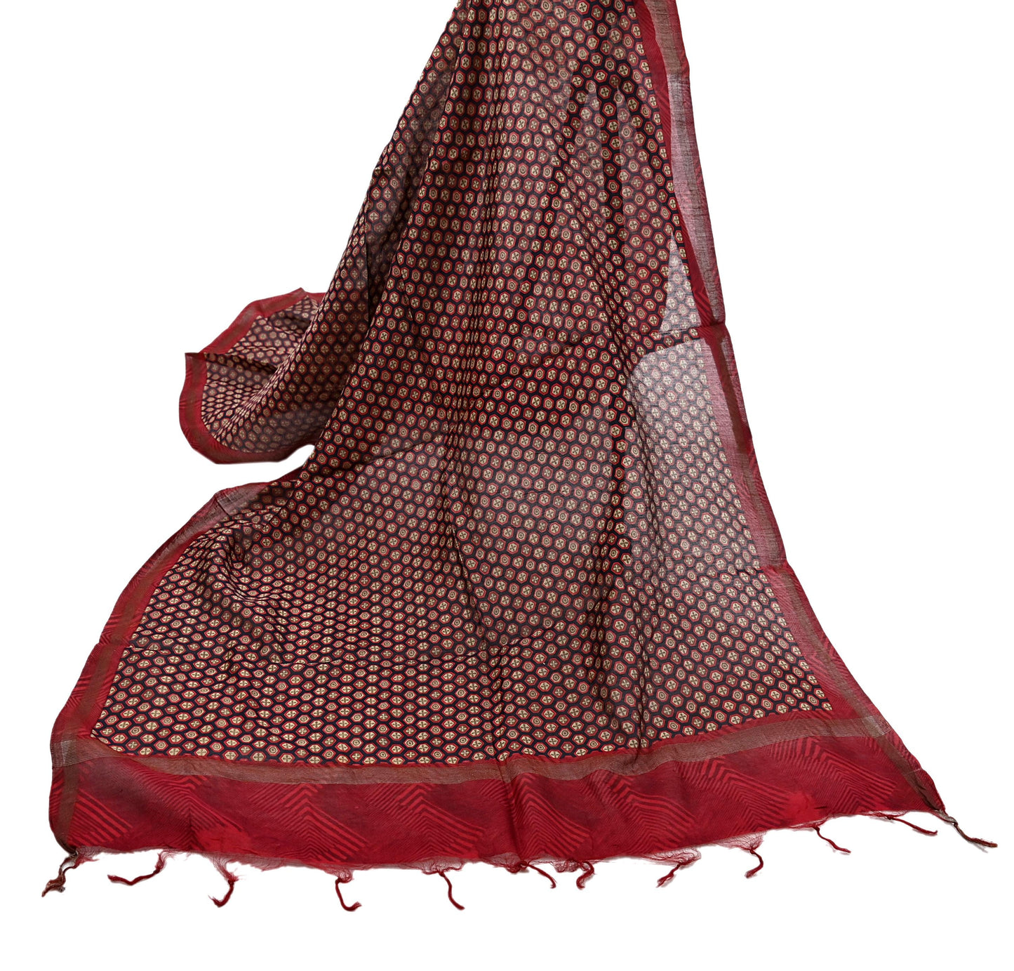 Indian Vintage Dupatta Red & Black Long Stole Block Print Pure Chanderi Silk Scarves Veil Zari Wrap Hijab