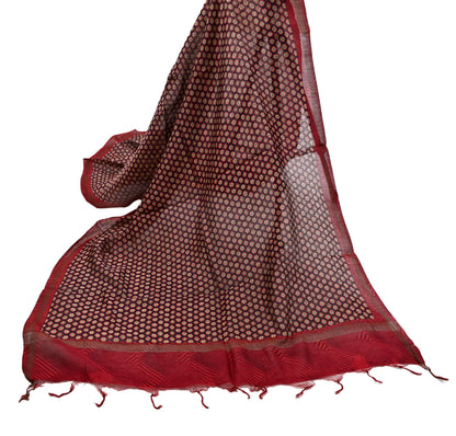 Indian Vintage Dupatta Red & Black Long Stole Block Print Pure Chanderi Silk Scarves Veil Zari Wrap Hijab