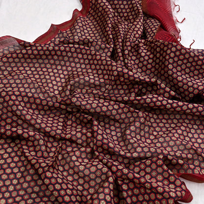 Indian Vintage Dupatta Red & Black Long Stole Block Print Pure Chanderi Silk Scarves Veil Zari Wrap Hijab