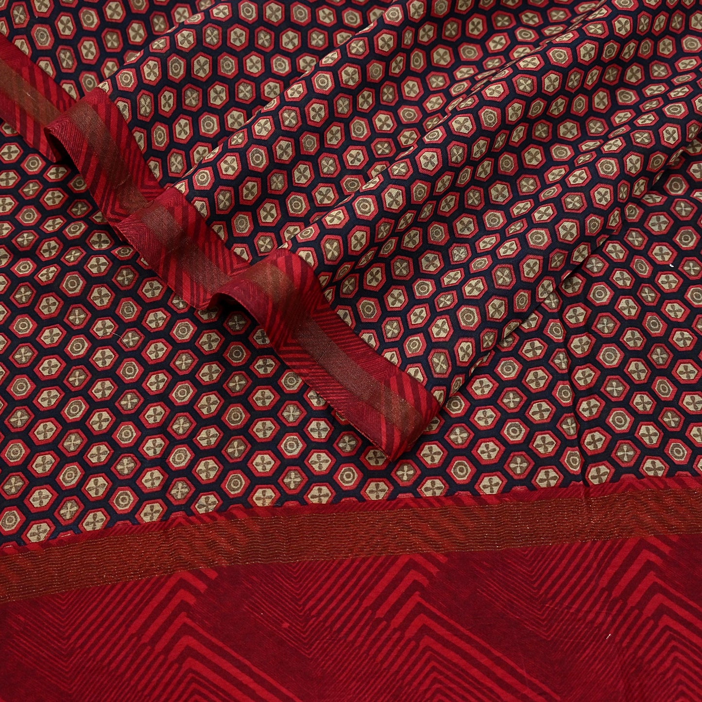 Indian Vintage Dupatta Red & Black Long Stole Block Print Pure Chanderi Silk Scarves Veil Zari Wrap Hijab