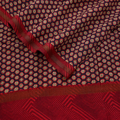 Indian Vintage Dupatta Red & Black Long Stole Block Print Pure Chanderi Silk Scarves Veil Zari Wrap Hijab