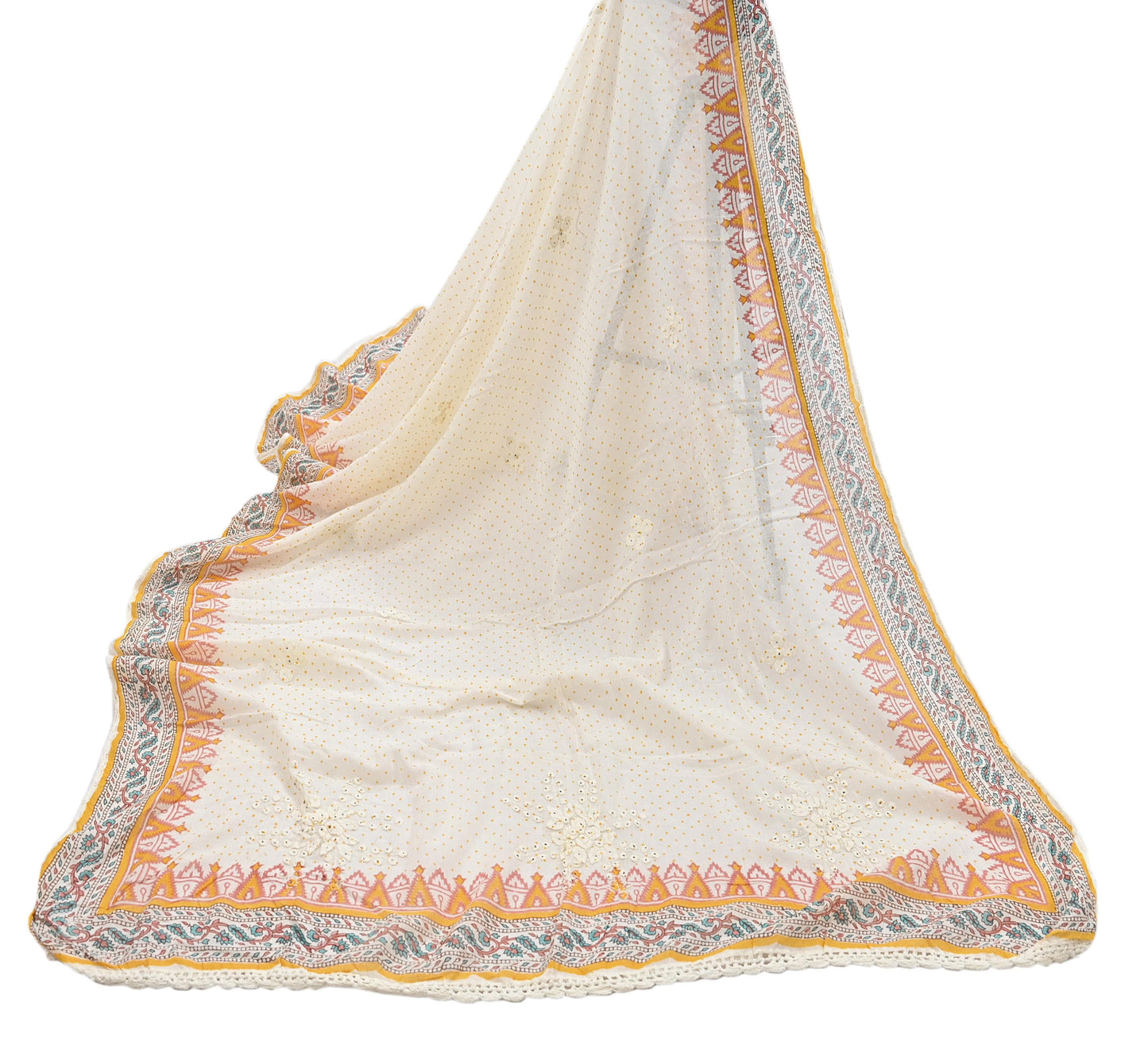 Indian Vintage White Dupatta Long Stole Hand Embroidered Pure Cotton Scarves Veil Soft Wrap Scarf