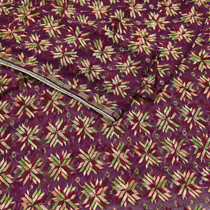 Indian Vintage Purple Dupatta Long Stole Chiffon Hand Embroidered Bagh Phulkari Stole Scarves Golden lace