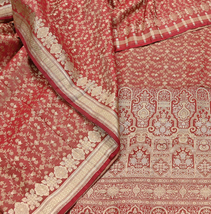 Indian Vintage Sari Red Heavy Pure Silk Woven Banarasi Brocade Saree Fabric 5Yd Ethnic Dress making Crafting Bollywood Dress Designing