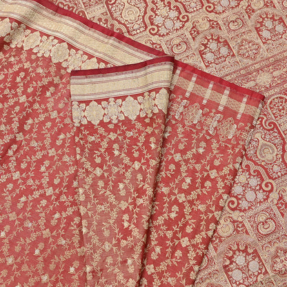 Indian Vintage Sari Red Heavy Pure Silk Woven Banarasi Brocade Saree Fabric 5Yd Ethnic Dress making Crafting Bollywood Dress Designing