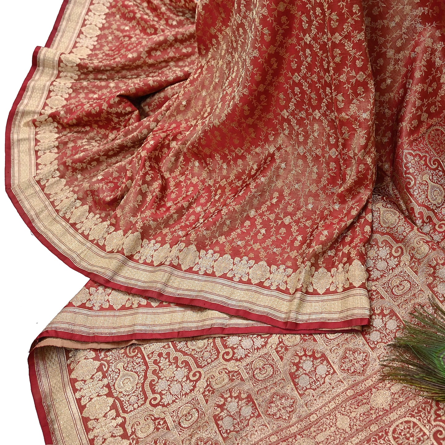 Indian Vintage Sari Red Heavy Pure Silk Woven Banarasi Brocade Saree Fabric 5Yd Ethnic Dress making Crafting Bollywood Dress Designing