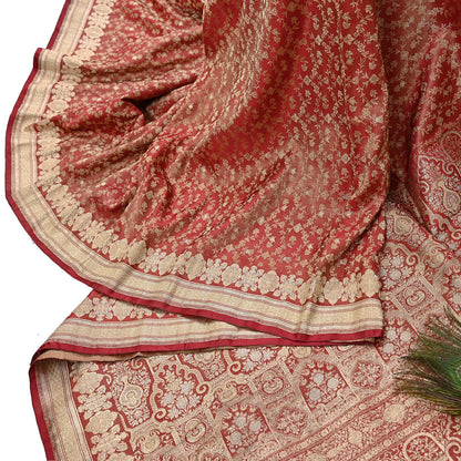 Indian Vintage Sari Red Heavy Pure Silk Woven Banarasi Brocade Saree Fabric 5Yd Ethnic Dress making Crafting Bollywood Dress Designing