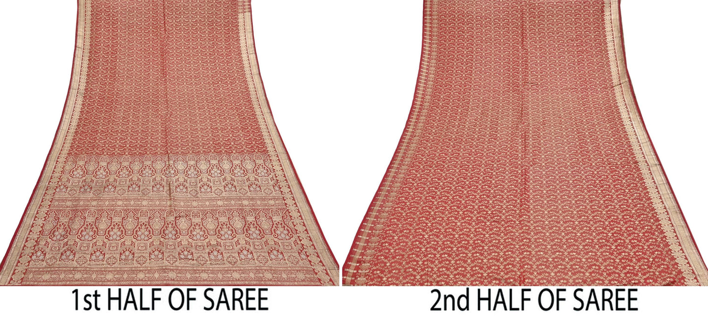 Indian Vintage Sari Red Heavy Pure Silk Woven Banarasi Brocade Saree Fabric 5Yd Ethnic Dress making Crafting Bollywood Dress Designing