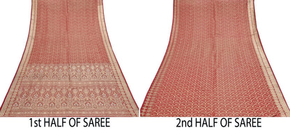 Indian Vintage Sari Red Heavy Pure Silk Woven Banarasi Brocade Saree Fabric 5Yd Ethnic Dress making Crafting Bollywood Dress Designing
