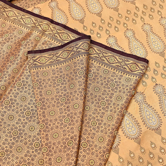 Indian Vintage Beige Woven Tanchoi Brocade Saree Heavy Zari Fabric 5 Yards Ideal for Crafting, Dressmaking Decor Quilting