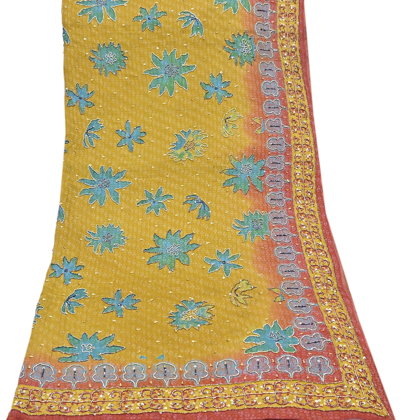 Indian Vintage Heavy Bridal Red & Yellow Dupatta Pure Georgette Silk Long Stole Hand Embroidered Scarf Zardozi Wedding red Hijab veil Boho