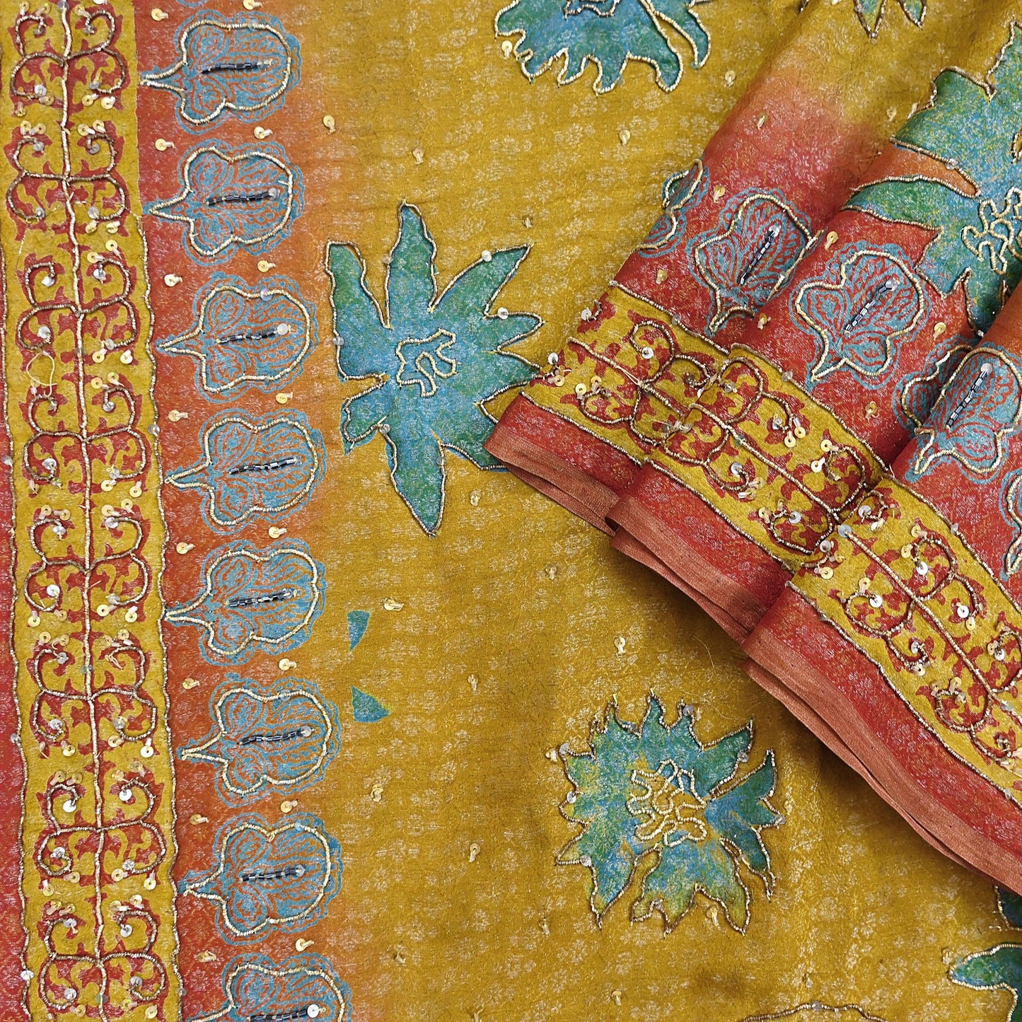 Indian Vintage Heavy Bridal Red & Yellow Dupatta Pure Georgette Silk Long Stole Hand Embroidered Scarf Zardozi Wedding red Hijab veil Boho