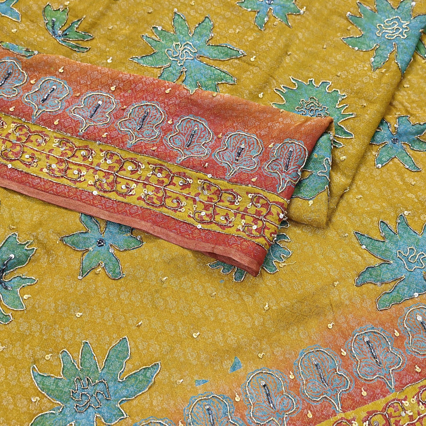 Indian Vintage Heavy Bridal Red & Yellow Dupatta Pure Georgette Silk Long Stole Hand Embroidered Scarf Zardozi Wedding red Hijab veil Boho