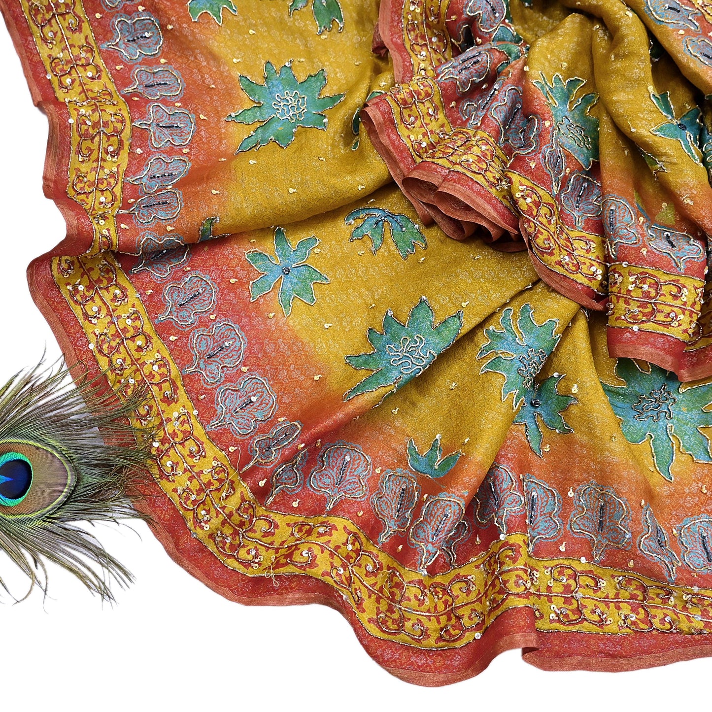 Indian Vintage Heavy Bridal Red & Yellow Dupatta Pure Georgette Silk Long Stole Hand Embroidered Scarf Zardozi Wedding red Hijab veil Boho