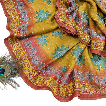 Indian Vintage Heavy Bridal Red & Yellow Dupatta Pure Georgette Silk Long Stole Hand Embroidered Scarf Zardozi Wedding red Hijab veil Boho