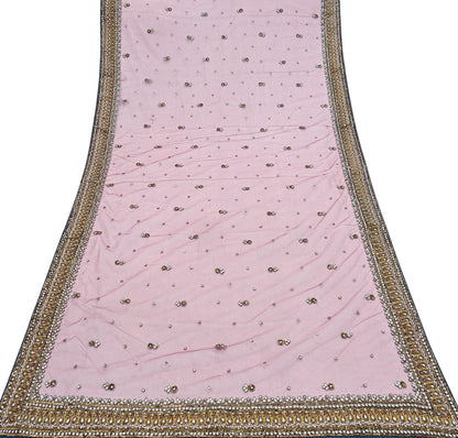 Indian Vintage Heavy Bridal Dupatta Pink Net Mesh Long Stole Hand Embroidered Scarves Sequins Glass Bead Wedding veil Wrap Boho