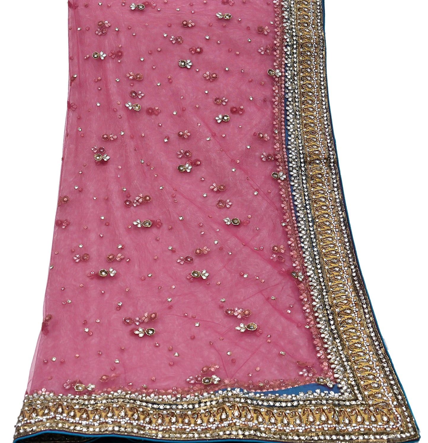 Indian Vintage Heavy Bridal Dupatta Pink Net Mesh Long Stole Hand Embroidered Scarves Sequins Glass Bead Wedding veil Wrap Boho