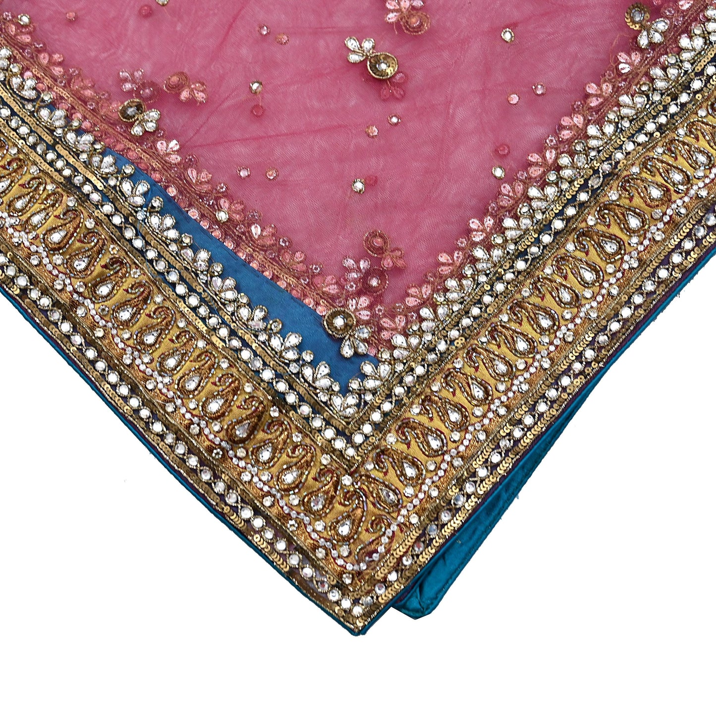 Indian Vintage Heavy Bridal Dupatta Pink Net Mesh Long Stole Hand Embroidered Scarves Sequins Glass Bead Wedding veil Wrap Boho
