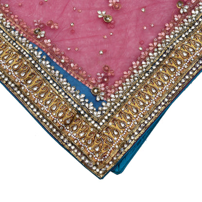 Indian Vintage Heavy Bridal Dupatta Pink Net Mesh Long Stole Hand Embroidered Scarves Sequins Glass Bead Wedding veil Wrap Boho