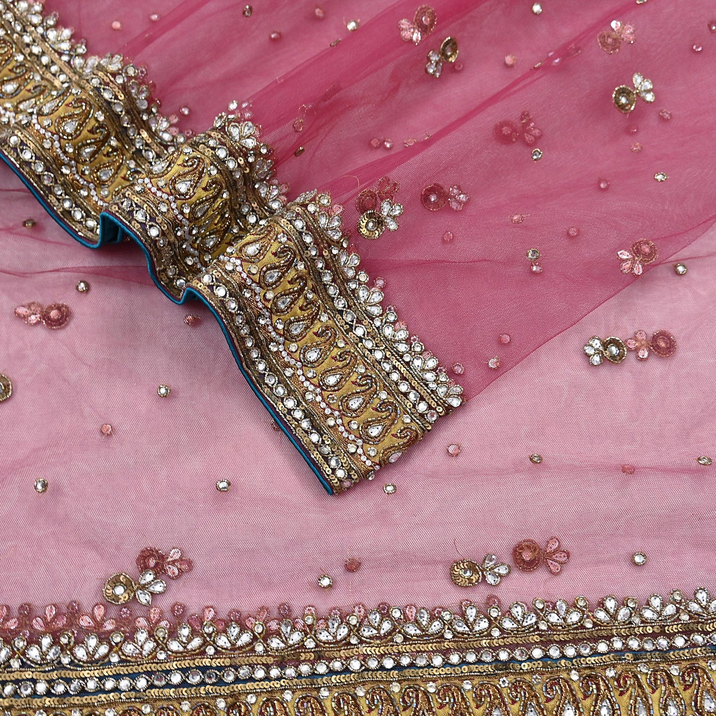 Indian Vintage Heavy Bridal Dupatta Pink Net Mesh Long Stole Hand Embroidered Scarves Sequins Glass Bead Wedding veil Wrap Boho
