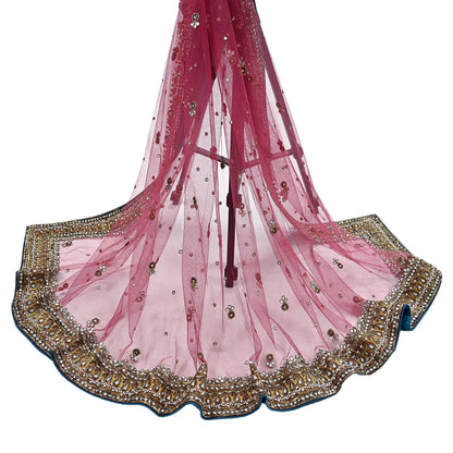 Indian Vintage Heavy Bridal Dupatta Pink Net Mesh Long Stole Hand Embroidered Scarves Sequins Glass Bead Wedding veil Wrap Boho