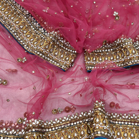 Indian Vintage Heavy Bridal Dupatta Pink Net Mesh Long Stole Hand Embroidered Scarves Sequins Glass Bead Wedding veil Wrap Boho