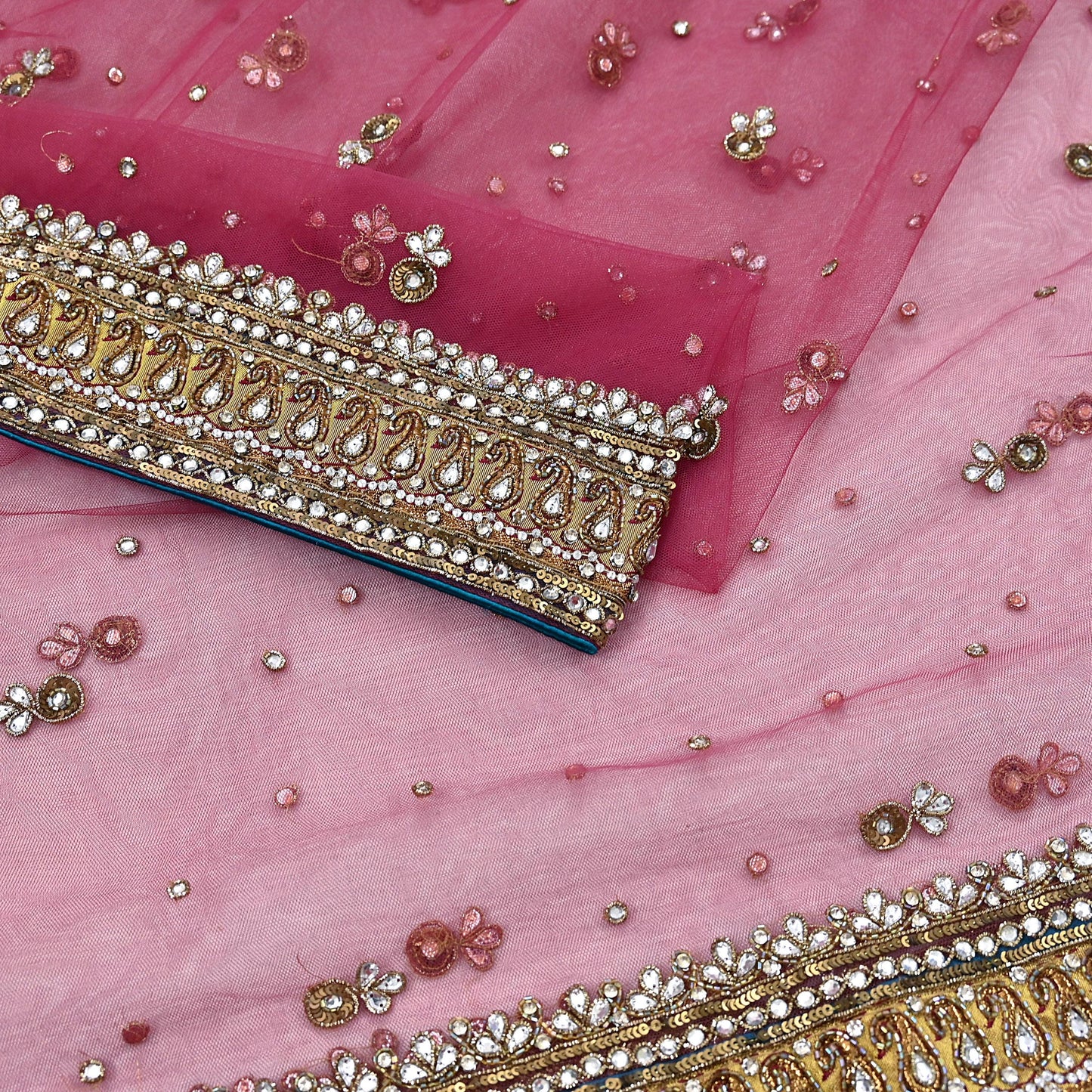 Indian Vintage Heavy Bridal Dupatta Pink Net Mesh Long Stole Hand Embroidered Scarves Sequins Glass Bead Wedding veil Wrap Boho