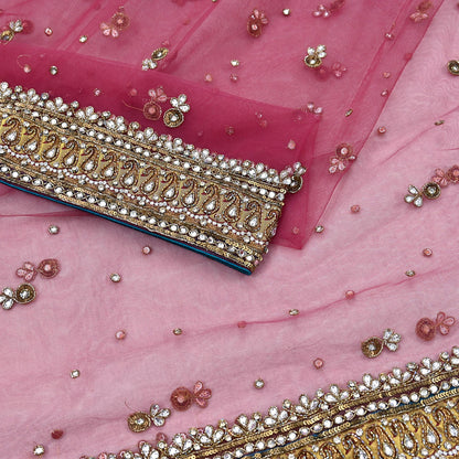 Indian Vintage Heavy Bridal Dupatta Pink Net Mesh Long Stole Hand Embroidered Scarves Sequins Glass Bead Wedding veil Wrap Boho