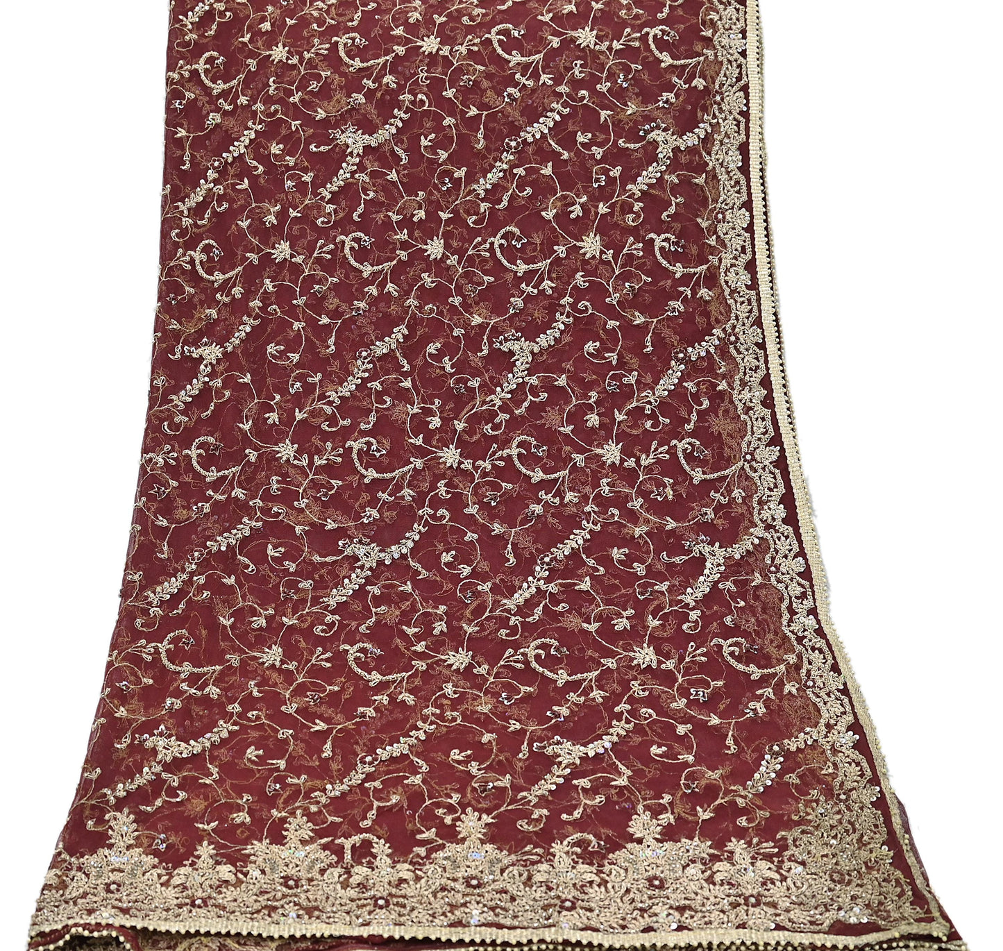 Indian Vintage Heavy Wedding Maroon Dupatta Net Mesh Long Stole Hand Embroidered Scarves Golden Zardozi Zari Sequins Dridal Veil Hijab