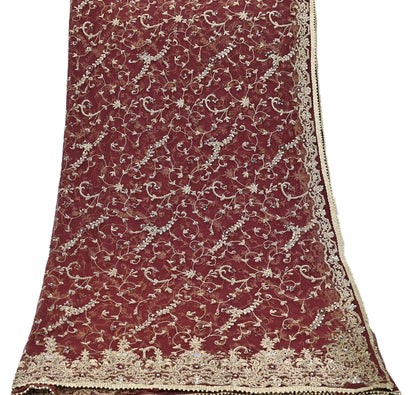 Indian Vintage Heavy Wedding Maroon Dupatta Net Mesh Long Stole Hand Embroidered Scarves Golden Zardozi Zari Sequins Dridal Veil Hijab