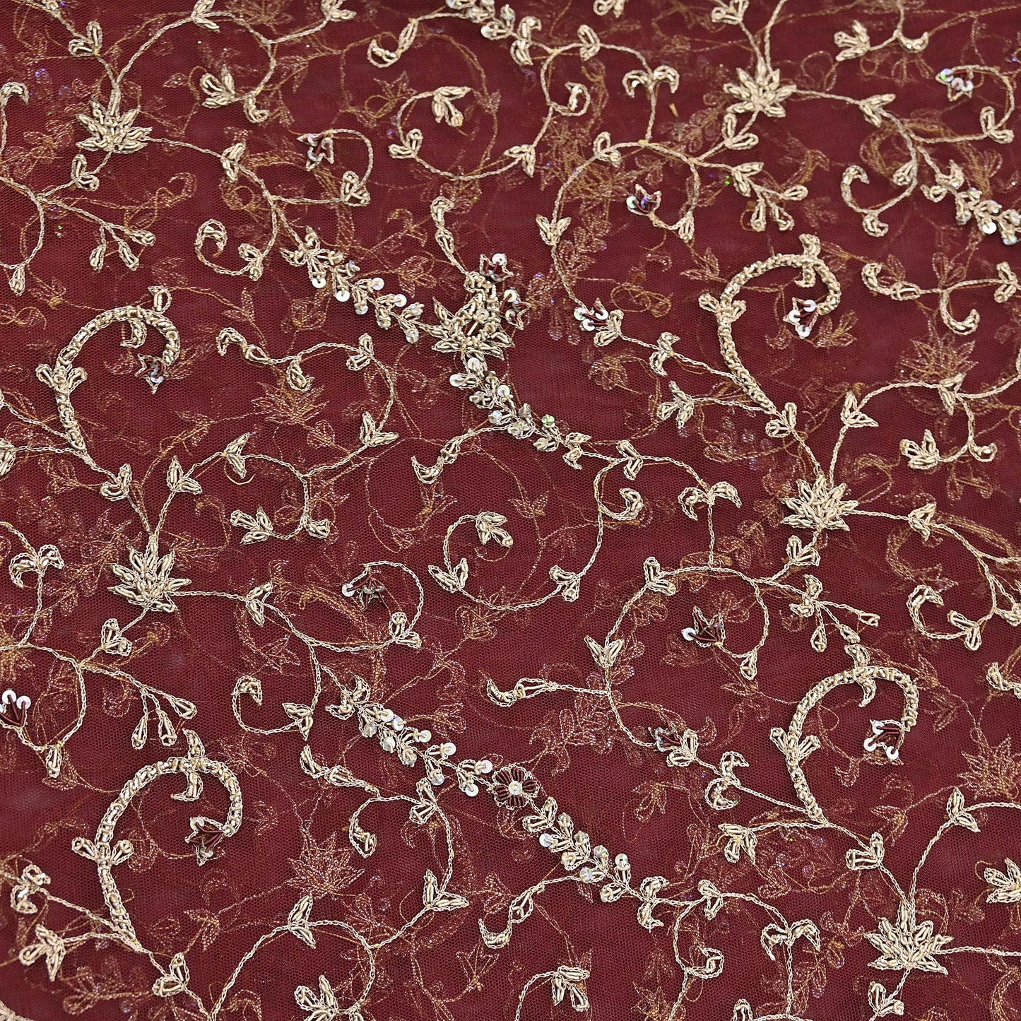 Indian Vintage Heavy Wedding Maroon Dupatta Net Mesh Long Stole Hand Embroidered Scarves Golden Zardozi Zari Sequins Dridal Veil Hijab