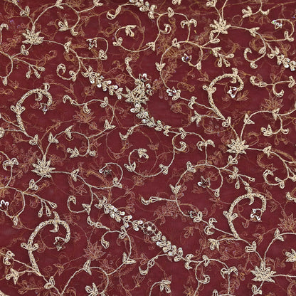 Indian Vintage Heavy Wedding Maroon Dupatta Net Mesh Long Stole Hand Embroidered Scarves Golden Zardozi Zari Sequins Dridal Veil Hijab