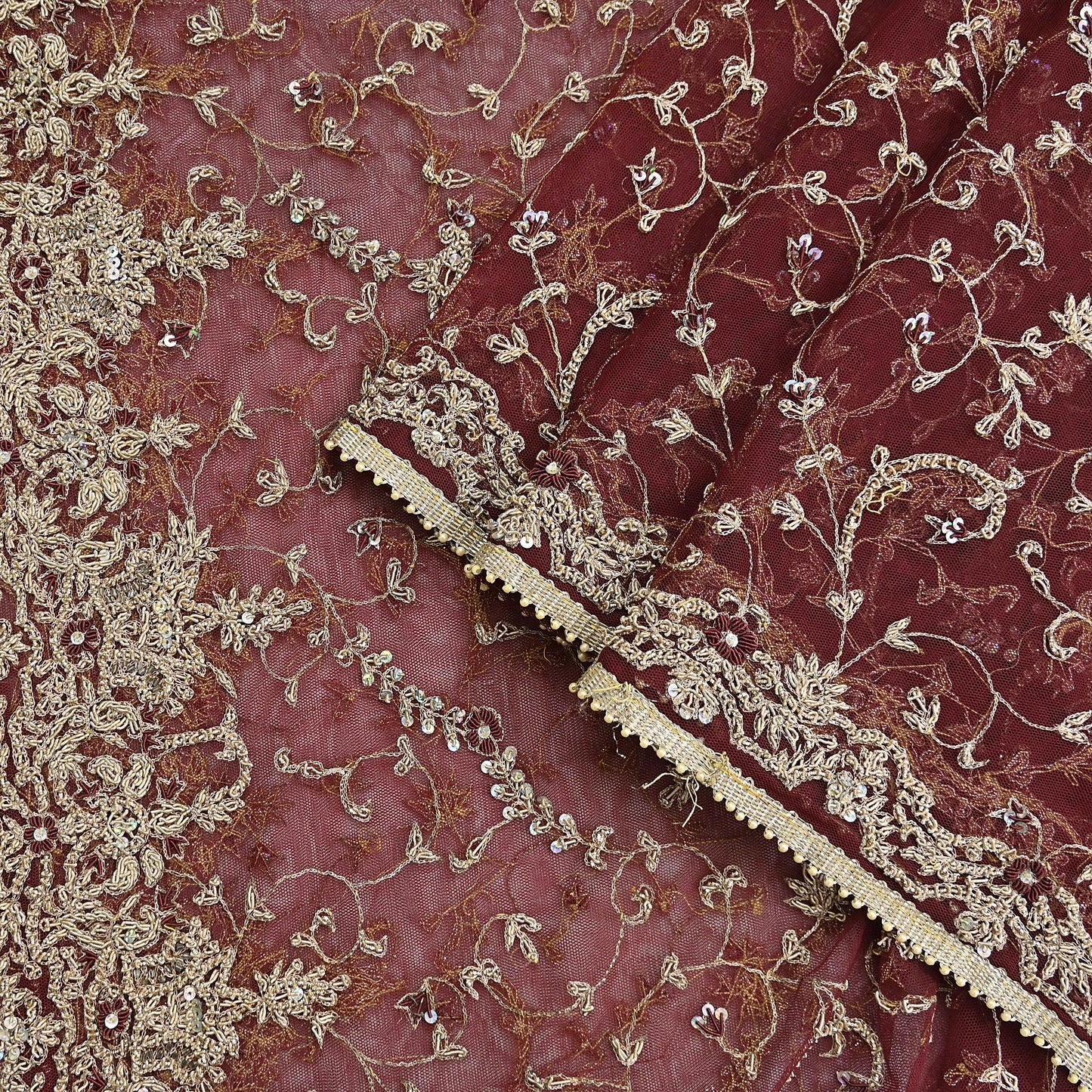 Indian Vintage Heavy Wedding Maroon Dupatta Net Mesh Long Stole Hand Embroidered Scarves Golden Zardozi Zari Sequins Dridal Veil Hijab