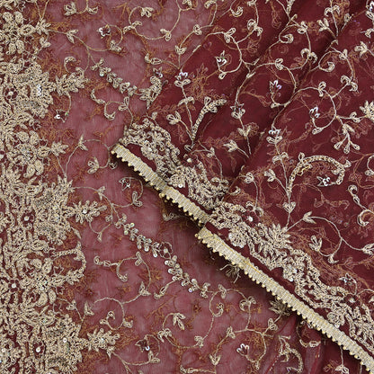 Indian Vintage Heavy Wedding Maroon Dupatta Net Mesh Long Stole Hand Embroidered Scarves Golden Zardozi Zari Sequins Dridal Veil Hijab