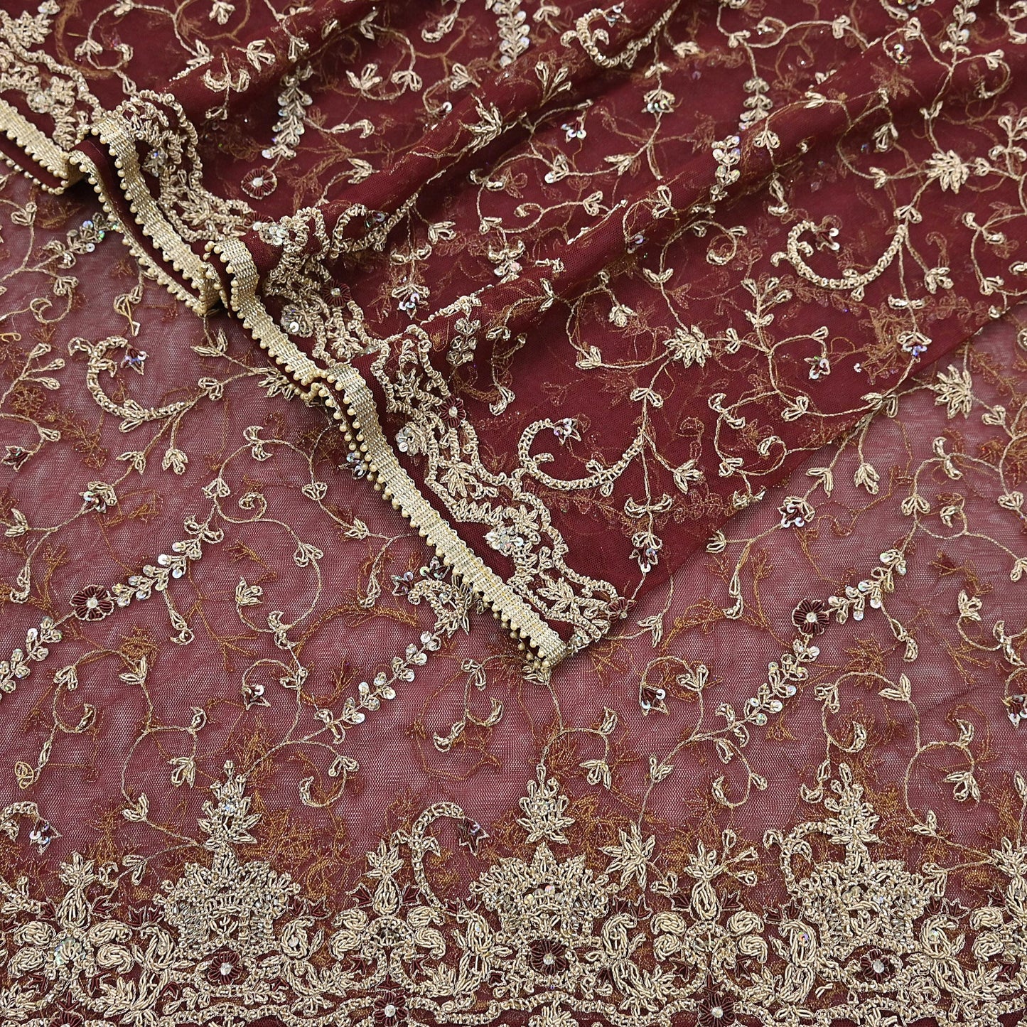 Indian Vintage Heavy Wedding Maroon Dupatta Net Mesh Long Stole Hand Embroidered Scarves Golden Zardozi Zari Sequins Dridal Veil Hijab