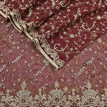 Indian Vintage Heavy Wedding Maroon Dupatta Net Mesh Long Stole Hand Embroidered Scarves Golden Zardozi Zari Sequins Dridal Veil Hijab