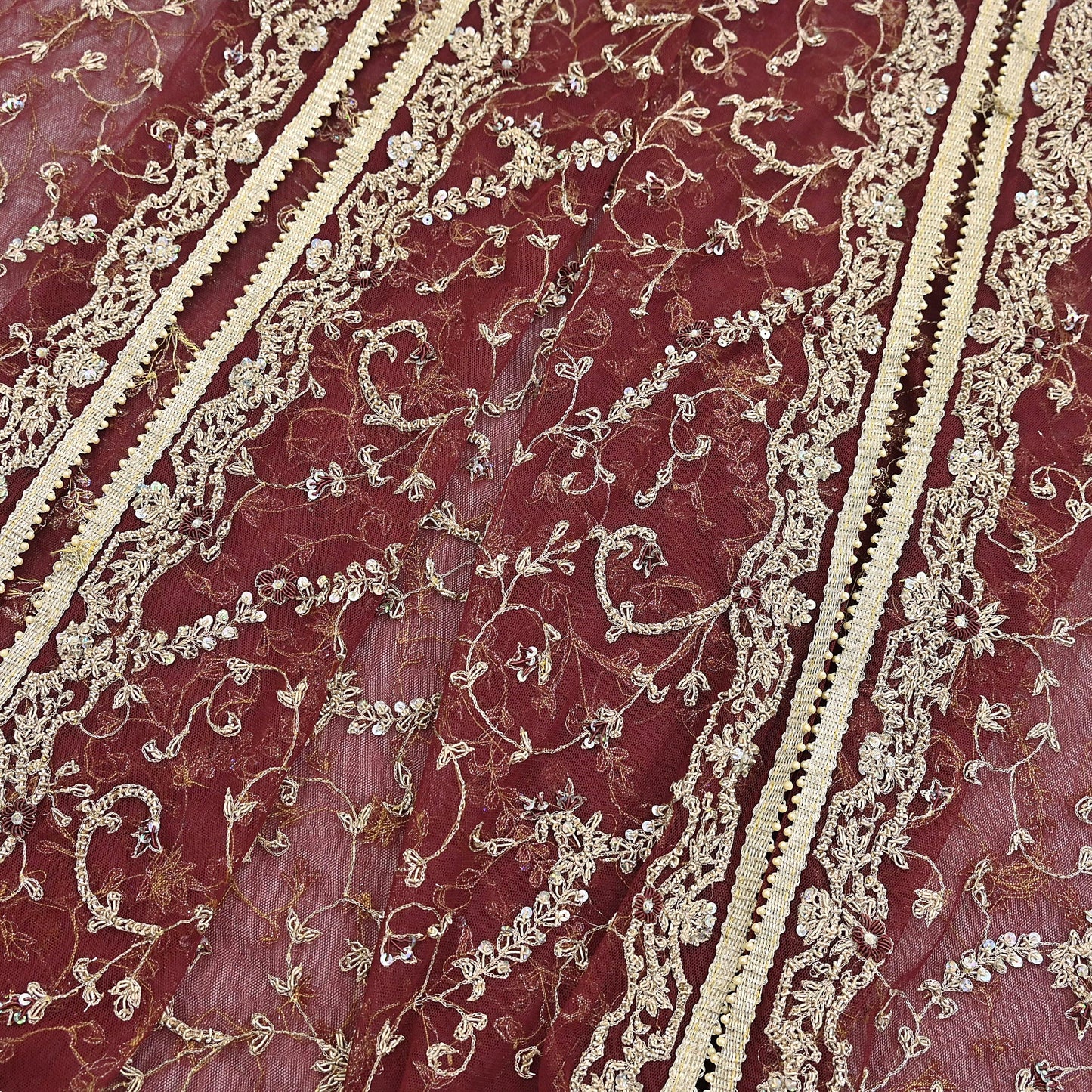 Indian Vintage Heavy Wedding Maroon Dupatta Net Mesh Long Stole Hand Embroidered Scarves Golden Zardozi Zari Sequins Dridal Veil Hijab