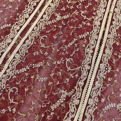 Indian Vintage Heavy Wedding Maroon Dupatta Net Mesh Long Stole Hand Embroidered Scarves Golden Zardozi Zari Sequins Dridal Veil Hijab