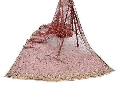 Indian Vintage Heavy Wedding Maroon Dupatta Net Mesh Long Stole Hand Embroidered Scarves Golden Zardozi Zari Sequins Dridal Veil Hijab