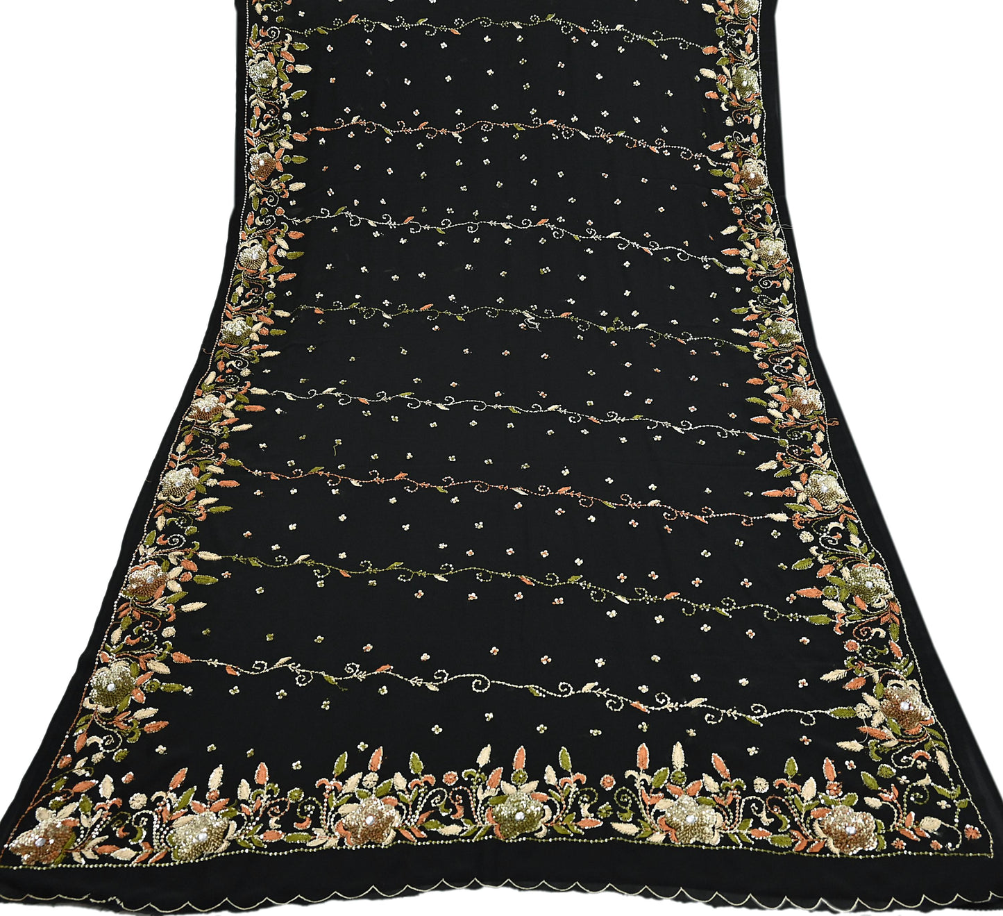 Indian Vintage Black Saree Georgette Hand Beaded Sari Fabric 5Yard Sewing Soft Ethnic Glass Beaded