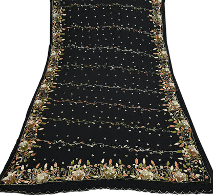 Indian Vintage Black Saree Georgette Hand Beaded Sari Fabric 5Yard Sewing Soft Ethnic Glass Beaded