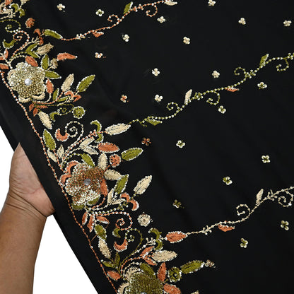 Indian Vintage Black Saree Georgette Hand Beaded Sari Fabric 5Yard Sewing Soft Ethnic Glass Beaded