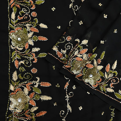 Indian Vintage Black Saree Georgette Hand Beaded Sari Fabric 5Yard Sewing Soft Ethnic Glass Beaded